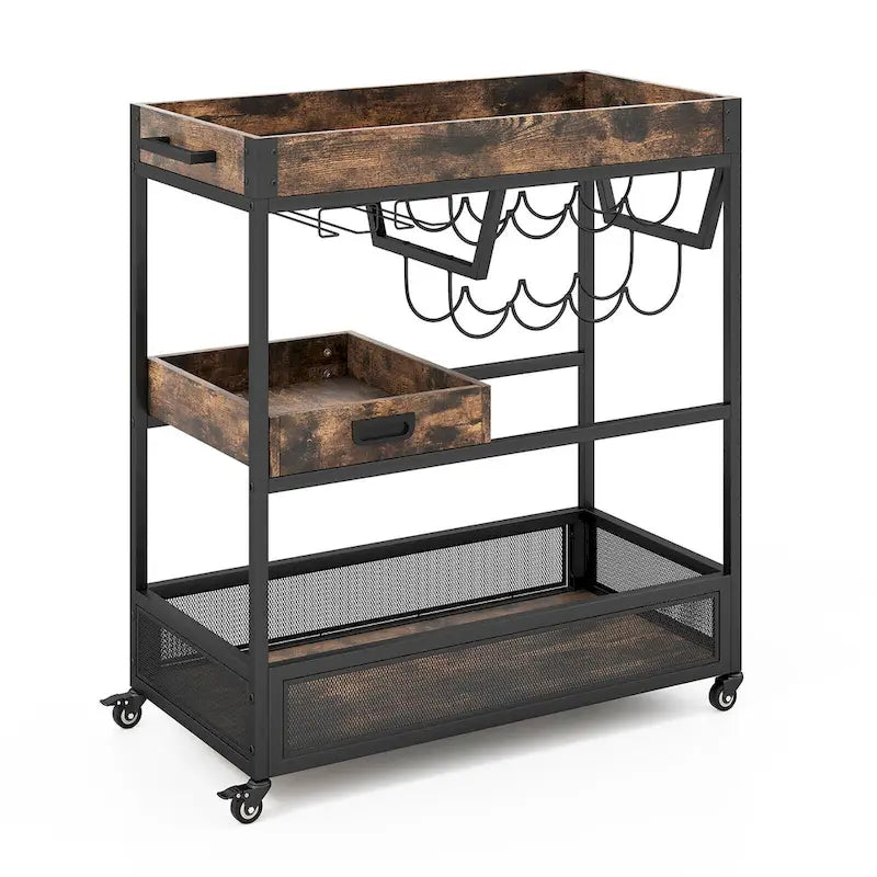 Rolling Bar Cart 3-Tier Industrial Buffet Serving Trolley w/