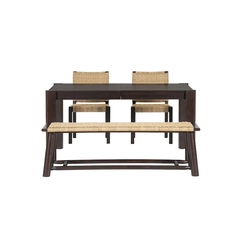 Farmhouse Wood Dining Set of 4, Extendable Kitchen Table Set with 2 Curved Backrest Chairs and Rattan Bench for 4-8 Guests