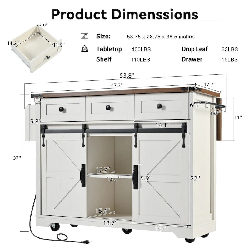 53.7 Farmhouse Kitchen Island With Power Outlet(no include stool)