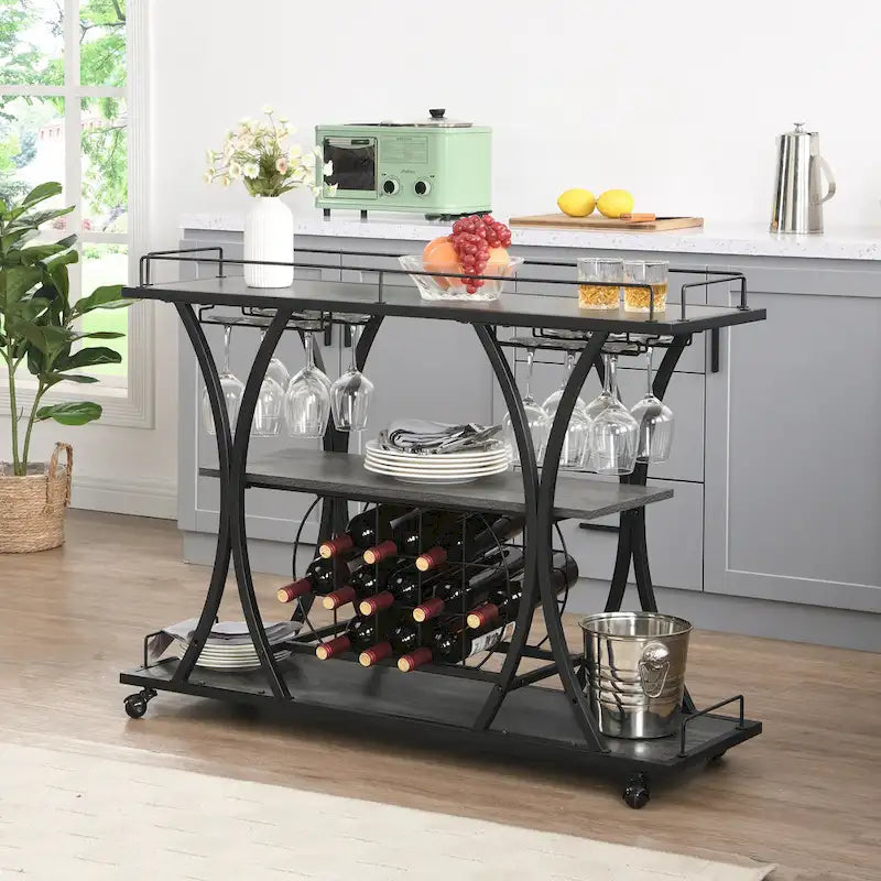 Industrial Bar Cart Kitchen Bar&Serving Cart For Home With Wheels 3 -Tier Storage Shelves(no include stool)