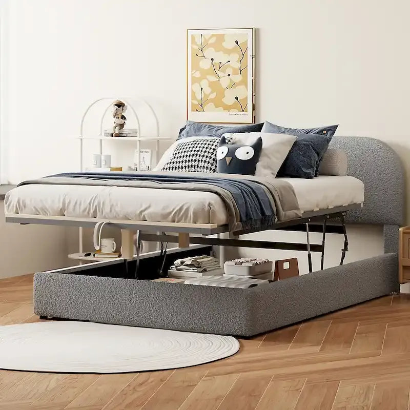 Platform Bed with Hydraulic Storage - Teddy Fleece - Full/Queen