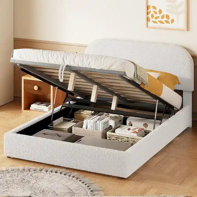 Platform Bed with Hydraulic Storage - Teddy Fleece - Full/Queen