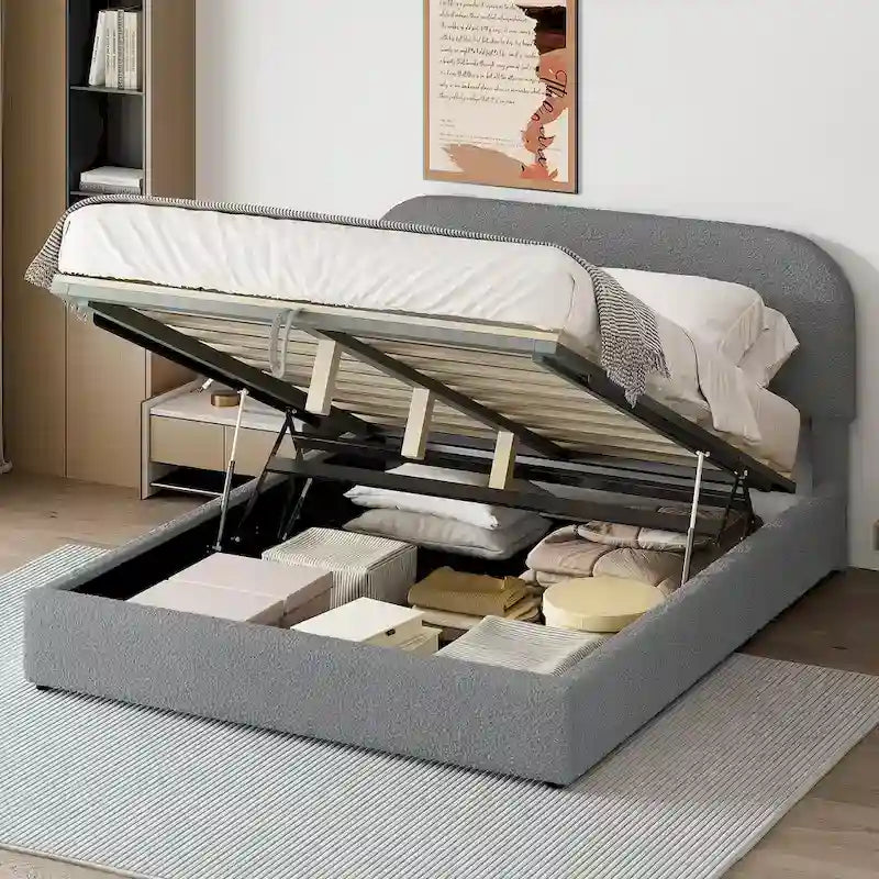 Platform Bed with Hydraulic Storage - Teddy Fleece - Full/Queen
