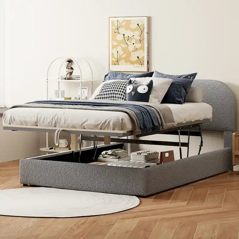 Platform Bed with Hydraulic Storage - Teddy Fleece - Full/Queen