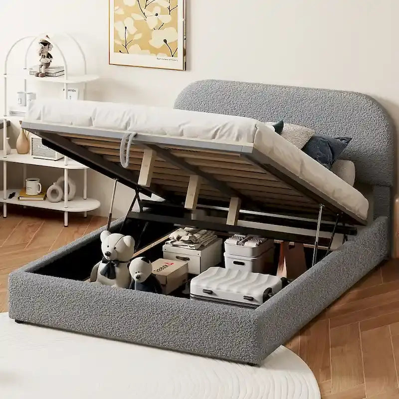 Platform Bed with Hydraulic Storage - Teddy Fleece - Full/Queen