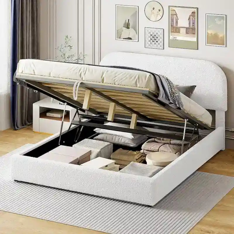 Platform Bed with Hydraulic Storage - Teddy Fleece - Full/Queen