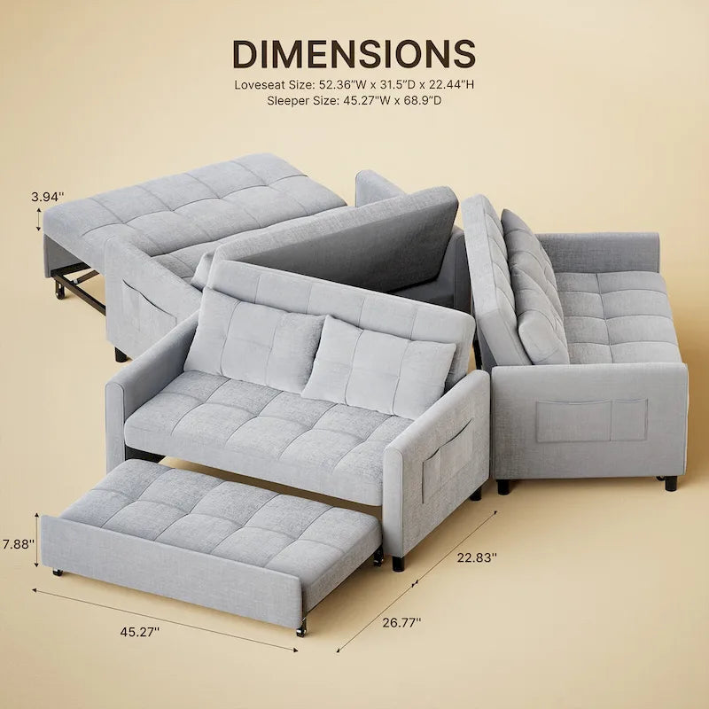 Grey Convertible Sleeper Loveseat with Pull-Out Bed