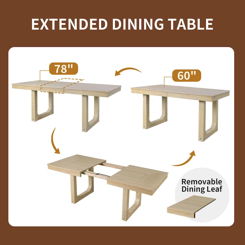 60-78 Extendable Dining Table, Farmhouse Wooden Kitchen Table with Removable Leaf, Large Expanding Table for 4-8