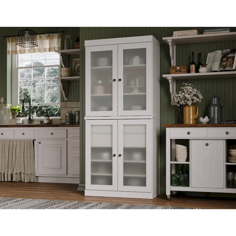 Palace Imports 100% Solid Wood Pantry Cabinet with Frosted Glass Doors, 2-Drawers and Adjustable Shelves - 32 x 71.5
