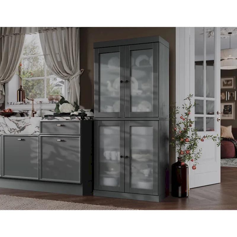 Palace Imports 100% Solid Wood Pantry Cabinet with Frosted Glass Doors, 2-Drawers and Adjustable Shelves - 32 x 71.5