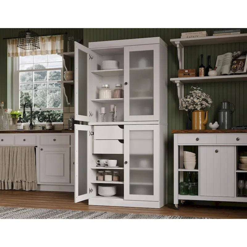 Palace Imports 100% Solid Wood Pantry Cabinet with Frosted Glass Doors, 2-Drawers and Adjustable Shelves - 32 x 71.5