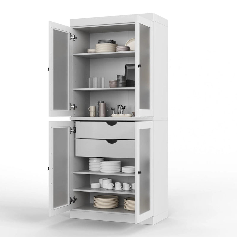 Palace Imports 100% Solid Wood Pantry Cabinet with Frosted Glass Doors, 2-Drawers and Adjustable Shelves - 32 x 71.5