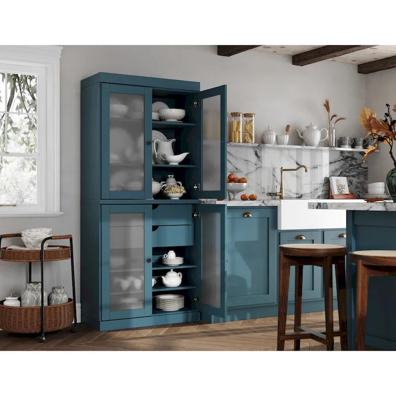 Palace Imports 100% Solid Wood Pantry Cabinet with Frosted Glass Doors, 2-Drawers and Adjustable Shelves - 32 x 71.5