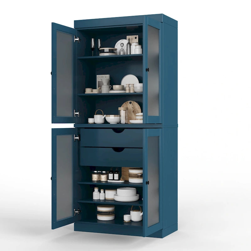 Palace Imports 100% Solid Wood Pantry Cabinet with Frosted Glass Doors, 2-Drawers and Adjustable Shelves - 32 x 71.5