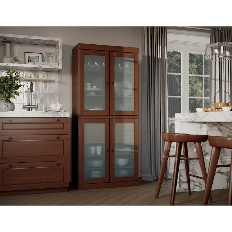 Palace Imports 100% Solid Wood Pantry Cabinet with Frosted Glass Doors, 2-Drawers and Adjustable Shelves - 32 x 71.5