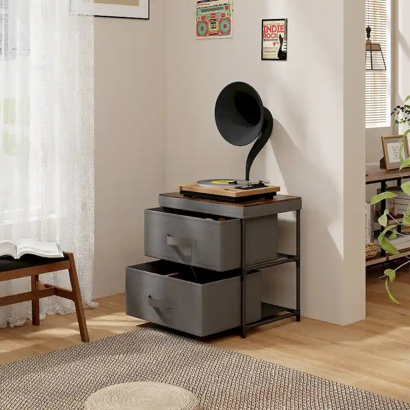 Gymax 2 Drawer Dresser Fabric Storage Organizer Nightstand Bedside
