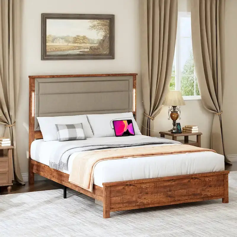 Queen Size Platform Bed with Upholstered Headboard and LED Lights