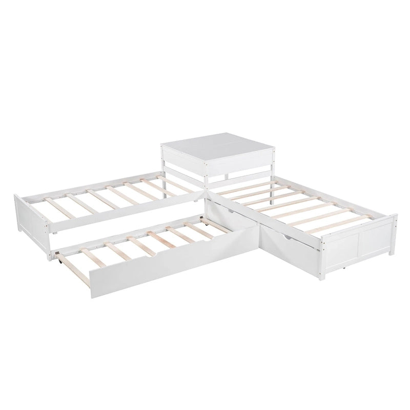 White Modern Twin Size L-shaped Platform Bed with Trundle and Drawers for Bedroom