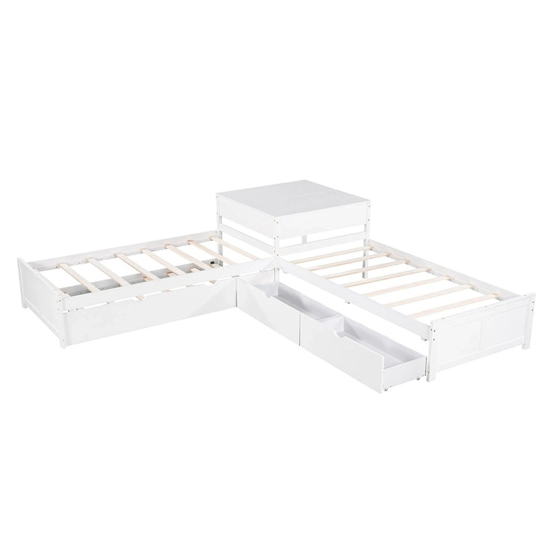 White Modern Twin Size L-shaped Platform Bed with Trundle and Drawers for Bedroom