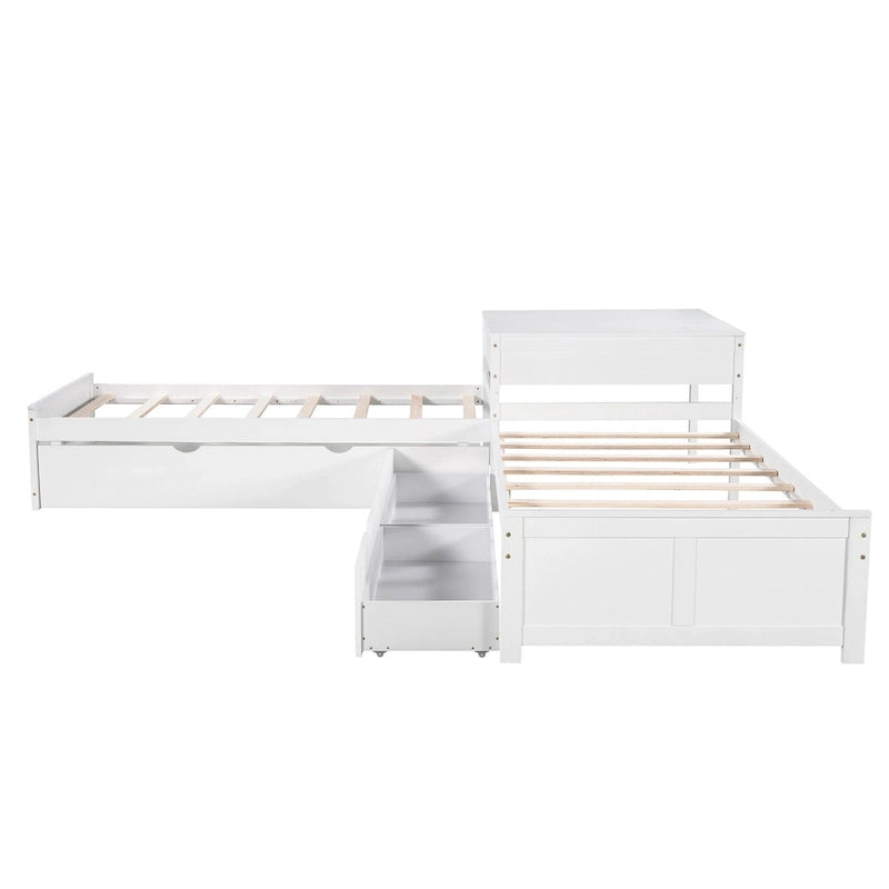 White Modern Twin Size L-shaped Platform Bed with Trundle and Drawers for Bedroom
