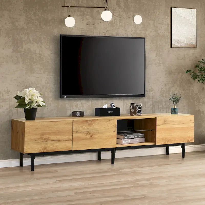 Wood 70 TV Stand with LED, Cabinets & Open Shelves for TVs Up to 80