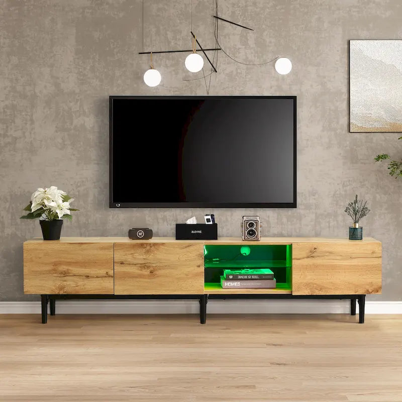 Wood 70 TV Stand with LED, Cabinets & Open Shelves for TVs Up to 80