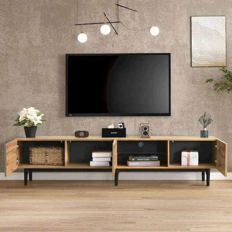 Wood 70 TV Stand with LED, Cabinets & Open Shelves for TVs Up to 80