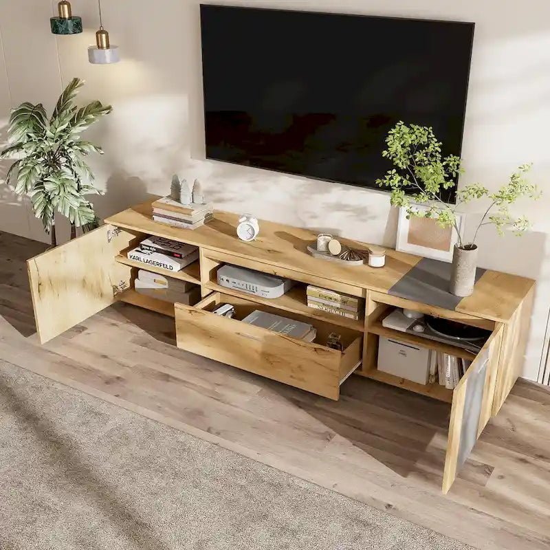 Grey,Natural Wood 70.86 TV Stand with 3 Cabinets & Drawer for TVs Up to 80