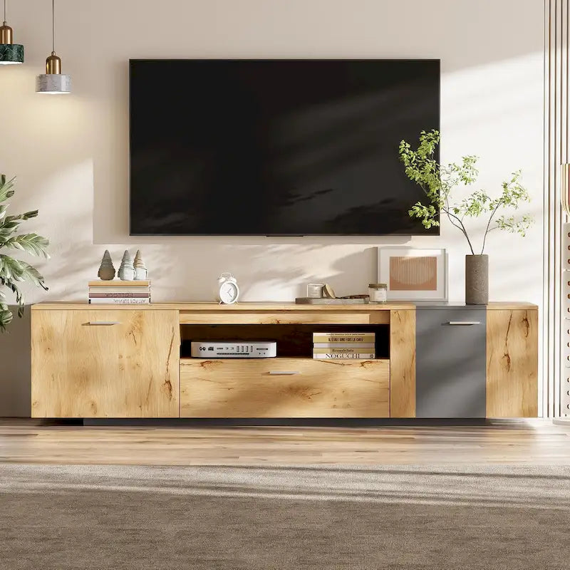Grey,Natural Wood 70.86 TV Stand with 3 Cabinets & Drawer for TVs Up to 80