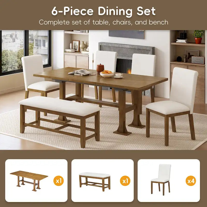 6-Piece Farmhouse Extendable Dining Set with Leaf & Bench