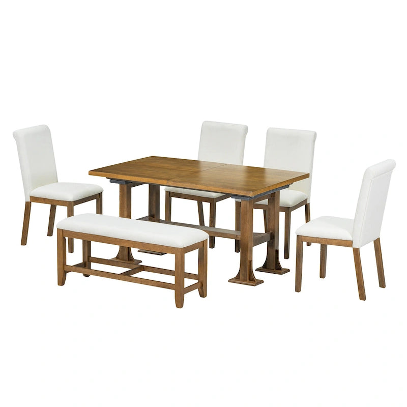 6-Piece Farmhouse Extendable Dining Set with Leaf & Bench