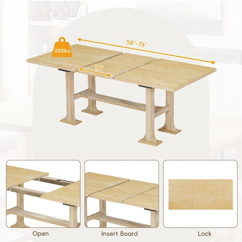 6-Piece Farmhouse Extendable Dining Set with Leaf & Bench