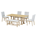 6-Piece Farmhouse Extendable Dining Set with Leaf & Bench