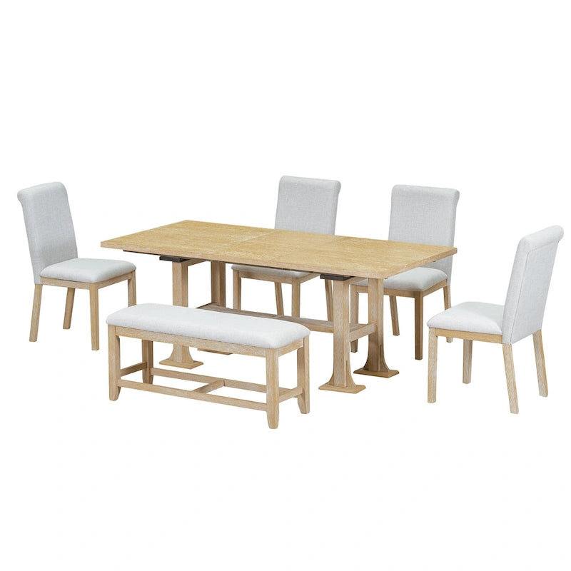 6-Piece Farmhouse Extendable Dining Set with Leaf & Bench