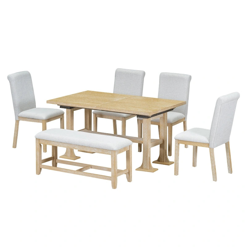 6-Piece Farmhouse Extendable Dining Set with Leaf & Bench