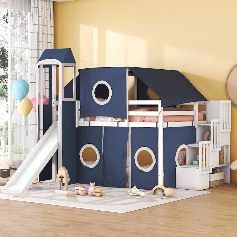 Full Loft Bed with Castle Tent & Tower and Solid Wood Frame, 400lb Capacity, Playhouse Design