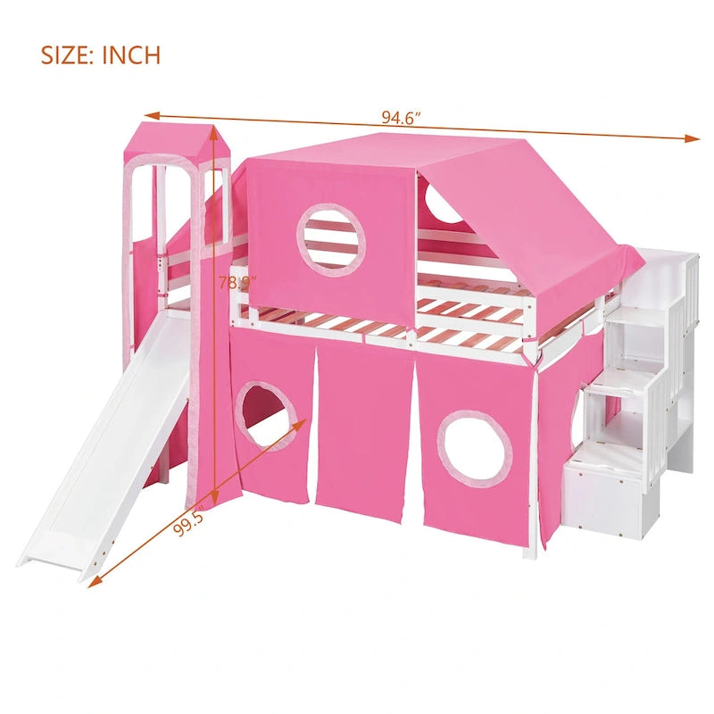 Full Loft Bed with Castle Tent & Tower and Solid Wood Frame, 400lb Capacity, Playhouse Design
