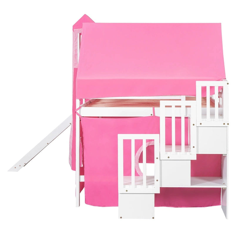 Full Loft Bed with Castle Tent & Tower and Solid Wood Frame, 400lb Capacity, Playhouse Design