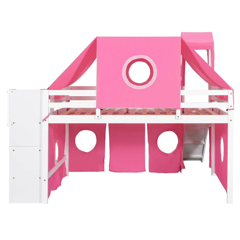 Full Loft Bed with Castle Tent & Tower and Solid Wood Frame, 400lb Capacity, Playhouse Design