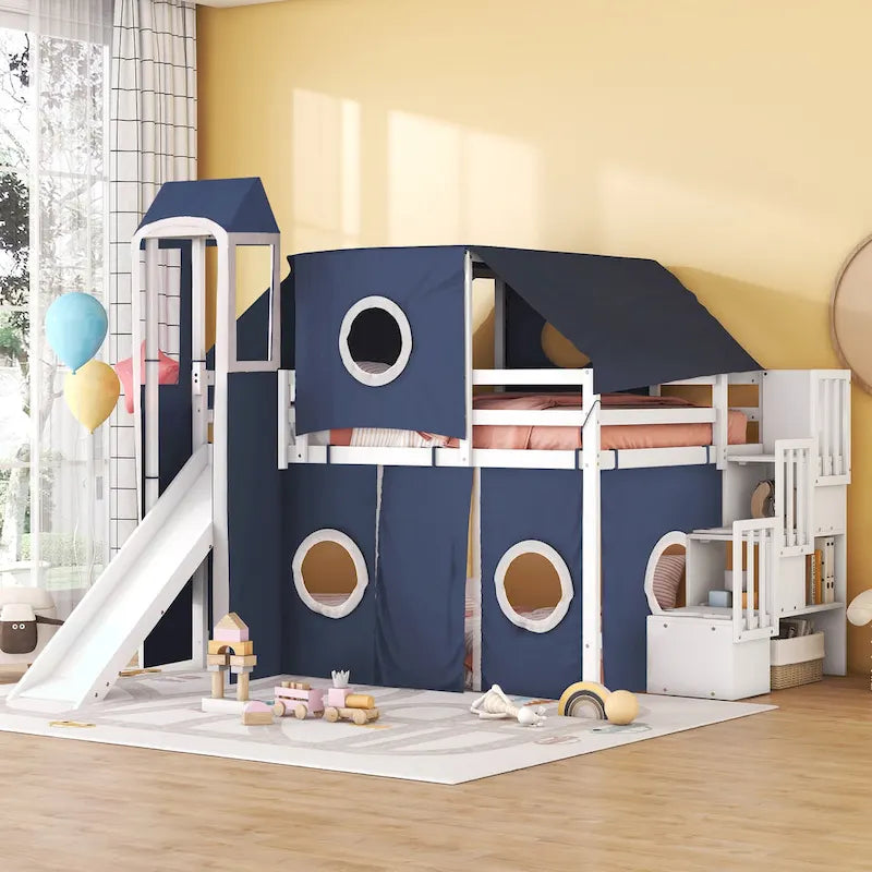 Full Loft Bed with Castle Tent & Tower and Solid Wood Frame, 400lb Capacity, Playhouse Design