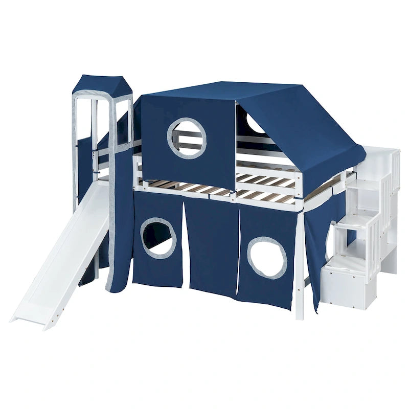 Full Loft Bed with Castle Tent & Tower and Solid Wood Frame, 400lb Capacity, Playhouse Design