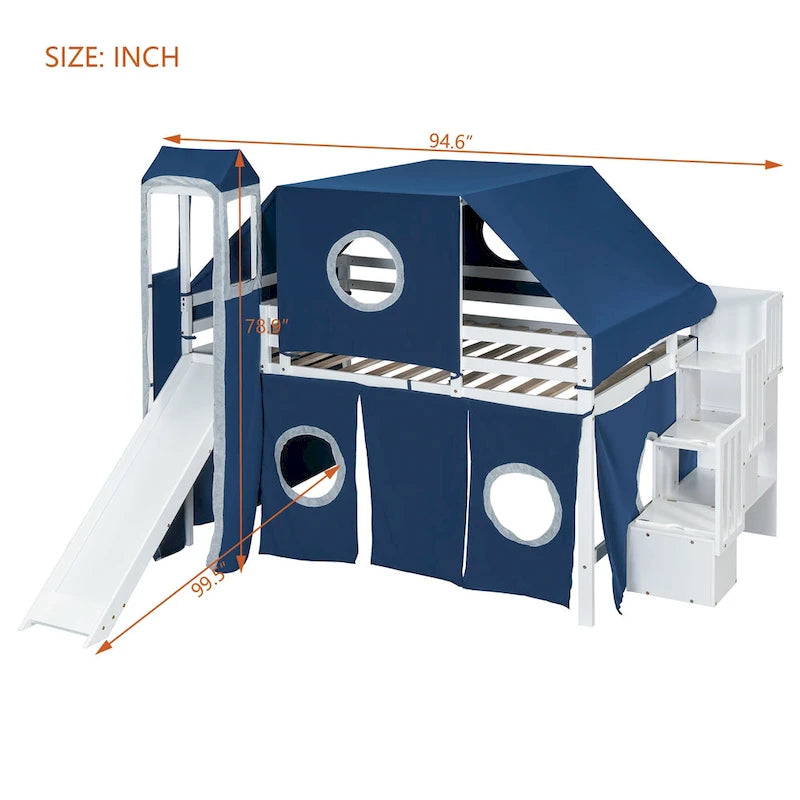Full Loft Bed with Castle Tent & Tower and Solid Wood Frame, 400lb Capacity, Playhouse Design