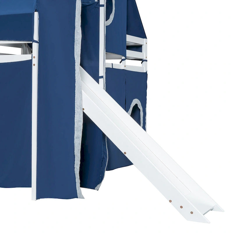 Full Loft Bed with Castle Tent & Tower and Solid Wood Frame, 400lb Capacity, Playhouse Design
