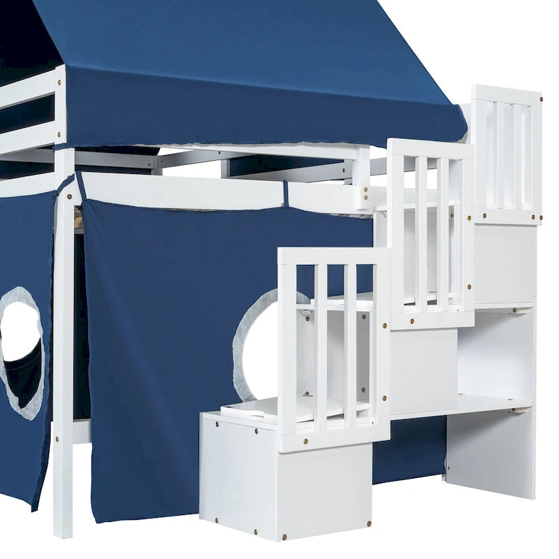 Full Loft Bed with Castle Tent & Tower and Solid Wood Frame, 400lb Capacity, Playhouse Design