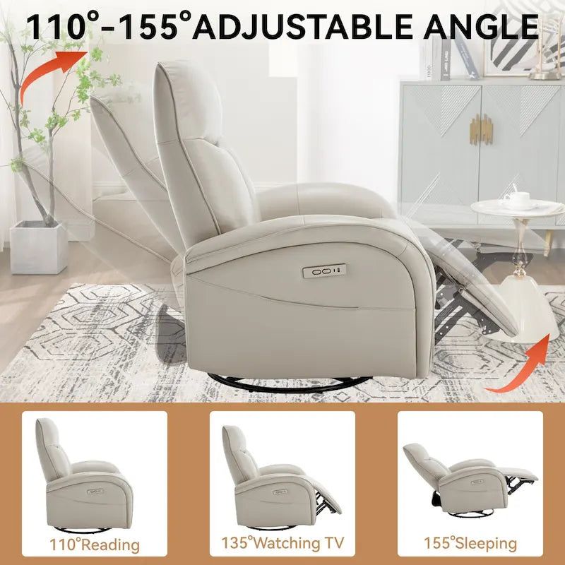 PU Leather 270 Swivel Glider Rocker Power Recliner with 2 Side Pockets, USB & Type-C Ports