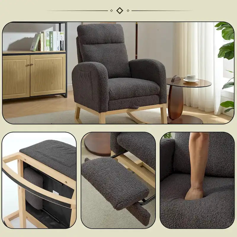 Modern 29.5 High Back Upholstered Rocking Chair with Solid Wood Legs and Adjustable Footrest