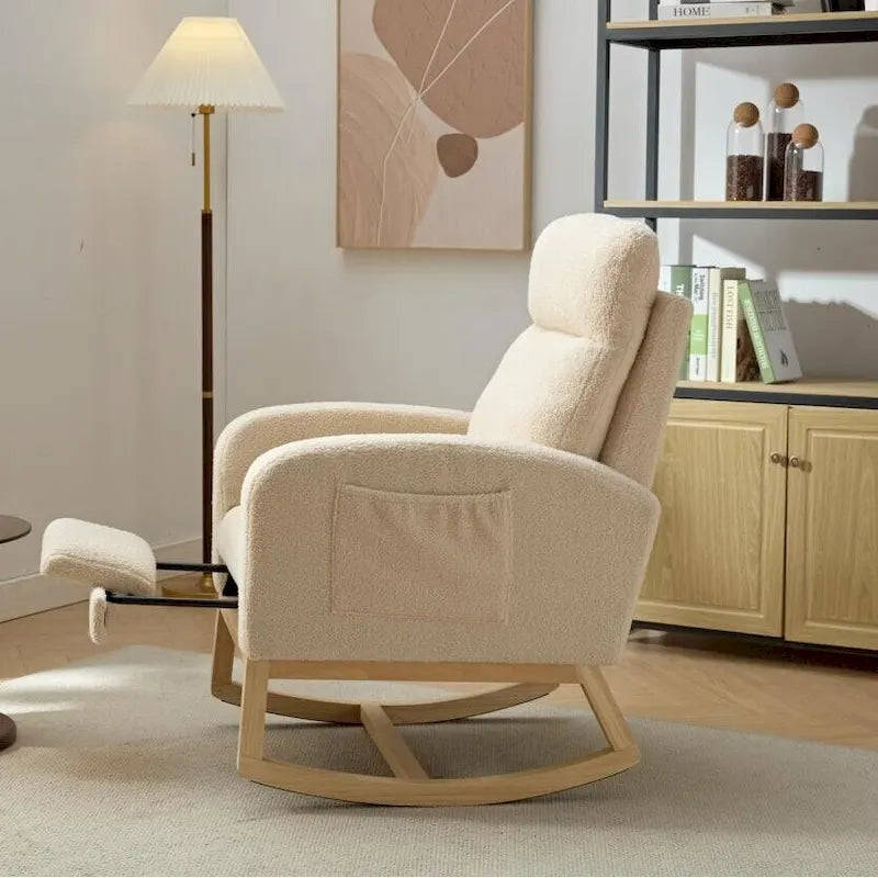 Modern 29.5 High Back Upholstered Rocking Chair with Solid Wood Legs and Adjustable Footrest