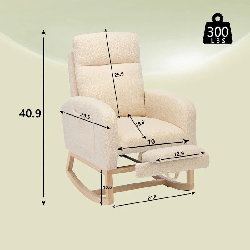 Modern 29.5 High Back Upholstered Rocking Chair with Solid Wood Legs and Adjustable Footrest