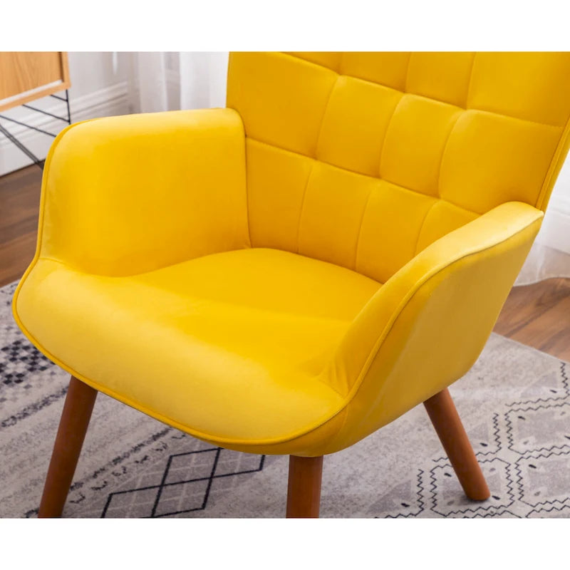 Yellow Modern 33 Polyester Button Tufted Accent Chair with Ottoman and Tapering Wood Dowel Legs