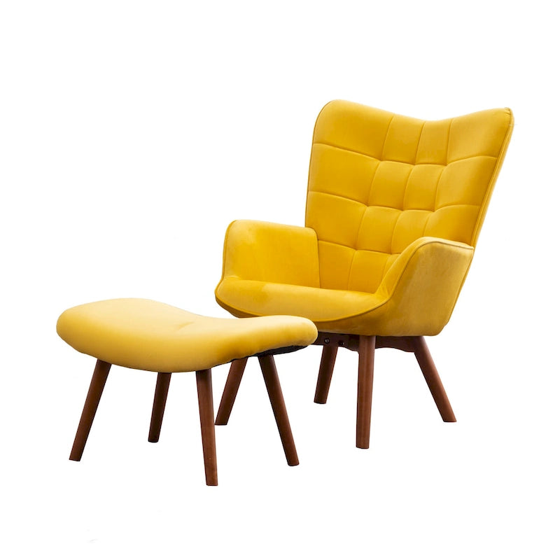 Yellow Modern 33 Polyester Button Tufted Accent Chair with Ottoman and Tapering Wood Dowel Legs